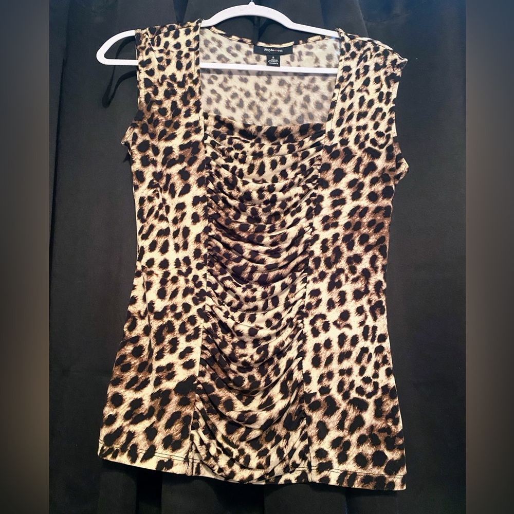 Style & co. Small cheetah print tummy slimming blouse brown & tan. Small